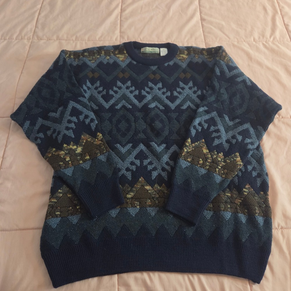 North Winds Cotton Traders Mens XL Wool Blend Geometric Fair Isle Sweater Italy